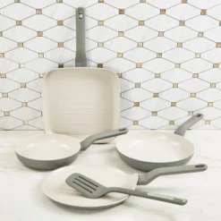 BergHOFF Leo Balance Non-stick Ceramic 5Pc Frying Pan Set With Nylon Turner 13.75", Recycled Material, Moonmist