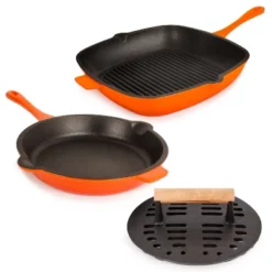 BergHOFF Neo 3Pc Cast Iron Cookware Set, Fry Pan 10", Square Grill Pan 11" & Slotted Steak Press -BergHOFF Store GUEST 3d62f685 094b 4758 af6a 59756dafd423