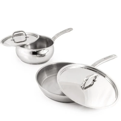BergHOFF Belly Shape 18/10 Stainless Steel 4Pc Skillet & Saucepan Set, Metal Lid
